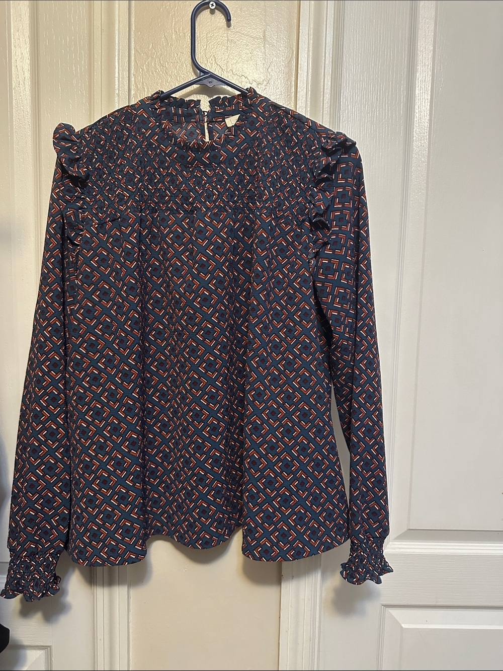 Leith Navy Geometric Ruffle-Trim Long Sleeve Blouse